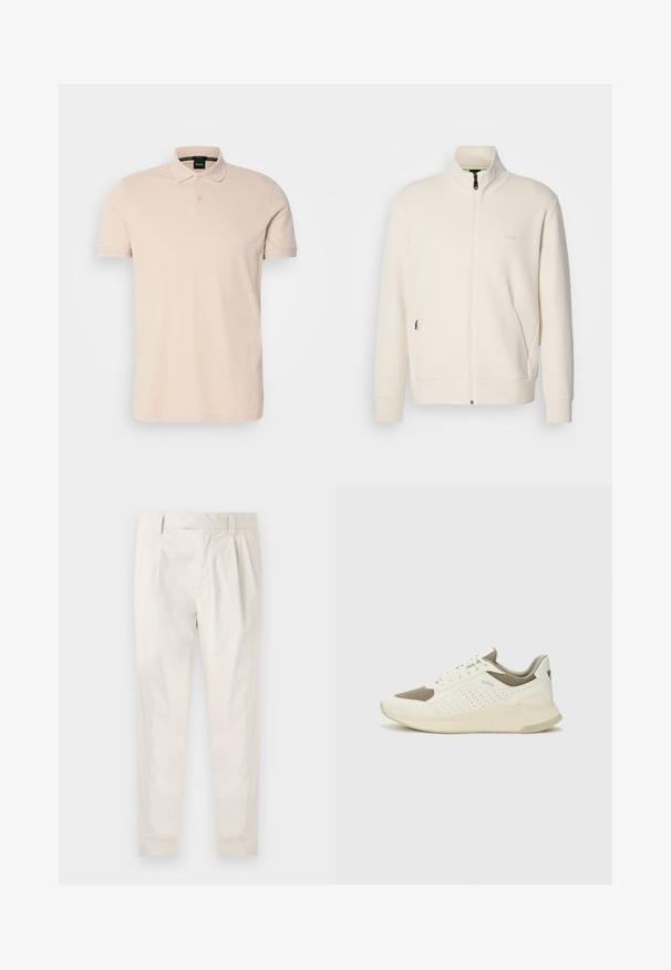 Off-white zip-up jakke med stående krage, lange ermer, sidelommer og diskré "BOSS" logo på venstre bryst.; Lys beige polo-shirt laget av bomull. Har en tre-knappers knappestolpe og korte ermer, med brodert merkenavn på brystet.; Hvite, pregede bukser med skreddersydd passform, som har en jevn tekstur, beltehemper og avsmalnende ben. Ingen synlige lommer eller mønstre.; Hvit og lysebeige treningssko, med en mesh-overdel, perforerte detaljer og en teksturert mellomsåle med merkevare på hælen.