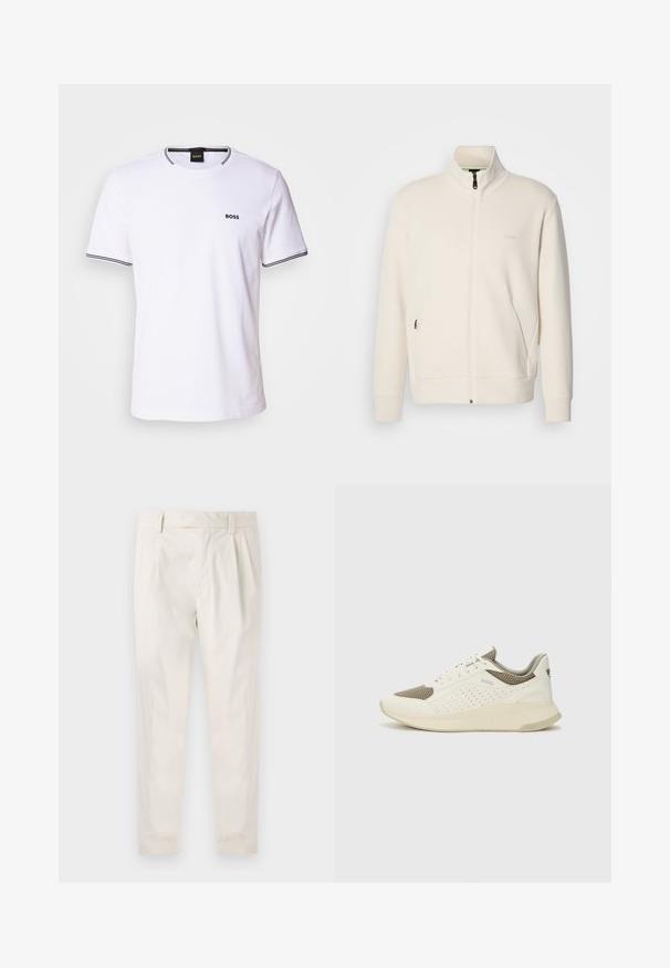 Off-white zip-up jakna s stoječim ovratnikom, dolgimi rokavi, stranskimi žepi in subtilnim logotipom "BOSS" na levem prsnem delu.; Bela bombažna majica s kratkimi rokavi, z okroglo izreznico in črnimi črtami na ovratniku in robovih rokavov. Majhna logotip "BOSS" na prsih.; Bele, plisirane hlače s krojenim prileganjem, z gladko teksturo, z zankami za pas in ožjimi hlačnicami. Brez vidnih žepov ali vzorcev.; Beli in svetlo bež športni copat, s mrežastim zgornjim delom, perforiranimi detajli in teksturirano srednjim delom z blagovno znamko na peti.