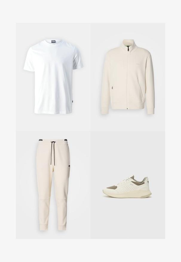 Jachetă crem cu fermoar, cu guler înalt, mâneci lungi, buzunare laterale și logo-ul subtil "BOSS" pe pieptul stâng.; Tricou alb din bumbac cu guler rotund, cu mâneci scurte, având un logo subtil embossat "Joop!" pe piept și un tiv drept.; Pantaloni jogger de culoare crem, cu talie elastică și șnur, accente negre, picioare conice și buzunare laterale.; Tenis sportivi alb și bej deschis, cu un înveliș din plasă, detalii perforate și o talpă intermediară texturată, având marcaj pe călcâi.