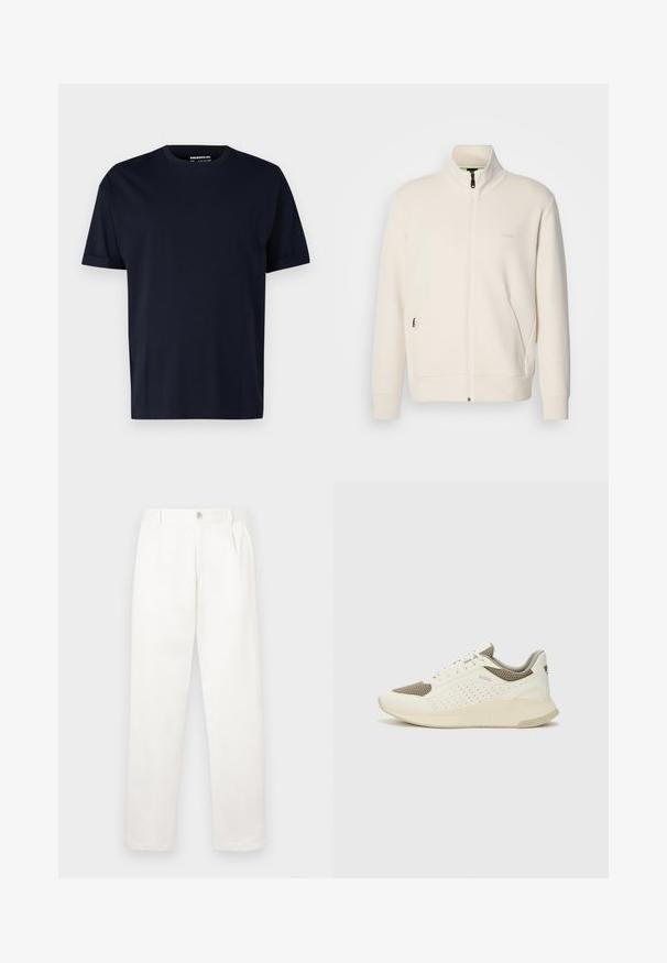 Krémová zipová bunda s vysokým límcem, dlouhými rukávy, bočními kapsami a jemným logem "BOSS" na levé části hrudi.; Námořnická modrá bavlněná tričko s krátkými rukávy a kulatým výstřihem, s hladkým povrchem a bez viditelných vzorů nebo log.; Bílé kalhoty vyrobené z hladké tkaniny, s rovnými nohavicemi, předními sklady a jedním knoflíkem na zavírání v pase.; Bílé a světle béžové atletické tenisky, které mají síťovaný svršek, perforované detaily a texturovanou mezipodešev s logem na patě.