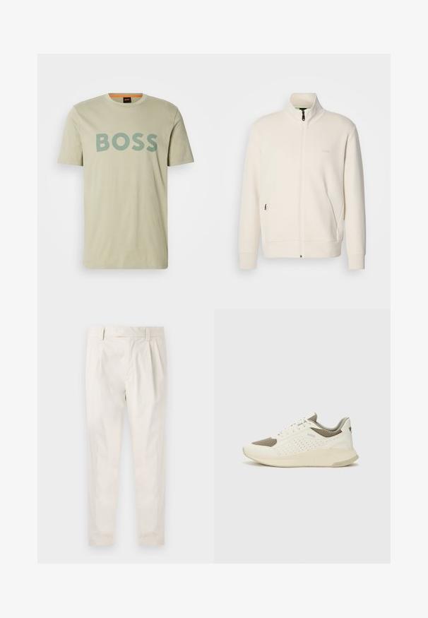 Krémová zipová bunda s vysokým límcem, dlouhými rukávy, bočními kapsami a jemným logem "BOSS" na levé části hrudi.; Béžové bavlněné tričko s výrazným zeleným logem "BOSS" na přední straně, krátkými rukávy a klasickým kulatým výstřihem.; Bílé, plisované kalhoty s upraveným střihem, které mají hladkou texturu, poutka na opasek a zúžené nohavice. Bez viditelných kapes nebo vzorů.; Bílé a světle béžové atletické tenisky, které mají síťovaný svršek, perforované detaily a texturovanou mezipodešev s logem na patě.