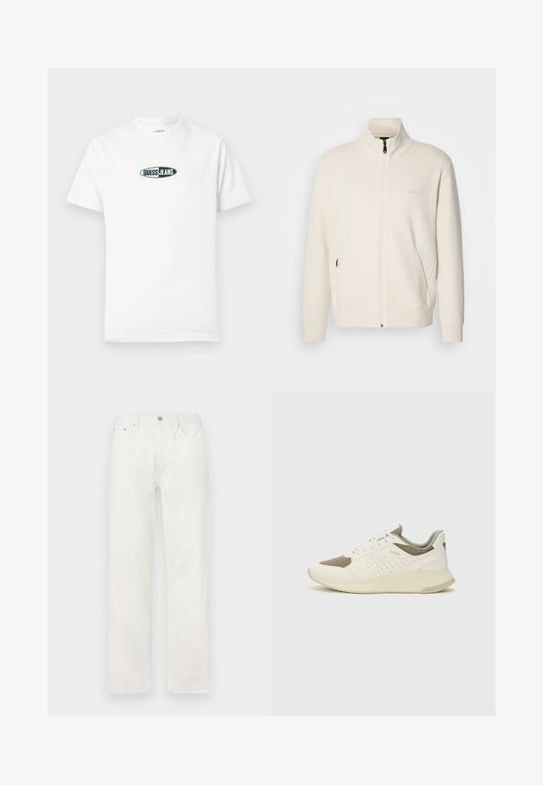 Hosszú ujjú, álló galléros, krémfehér cipzáras dzseki, oldalsó zsebekkel és diszkrét "BOSS" logóval a bal mellrészen.; Fehér pamut póló rövid ujjakkal és kerek nyakkivágással. Középen egy hímzett, "GUESS JEANS" feliratú logó látható.; Fehér farmernadrág egyenes lábbal, gombos és cipzáras záródással, öt zsebes kialakítással, és látható minták vagy díszítések nélkül.; Fehér és világos bézs sportcipő, légies hálós felsőrésszel, perforált részletekkel és texturált középtalppal, amelyen a saroknál a márka logója található.
