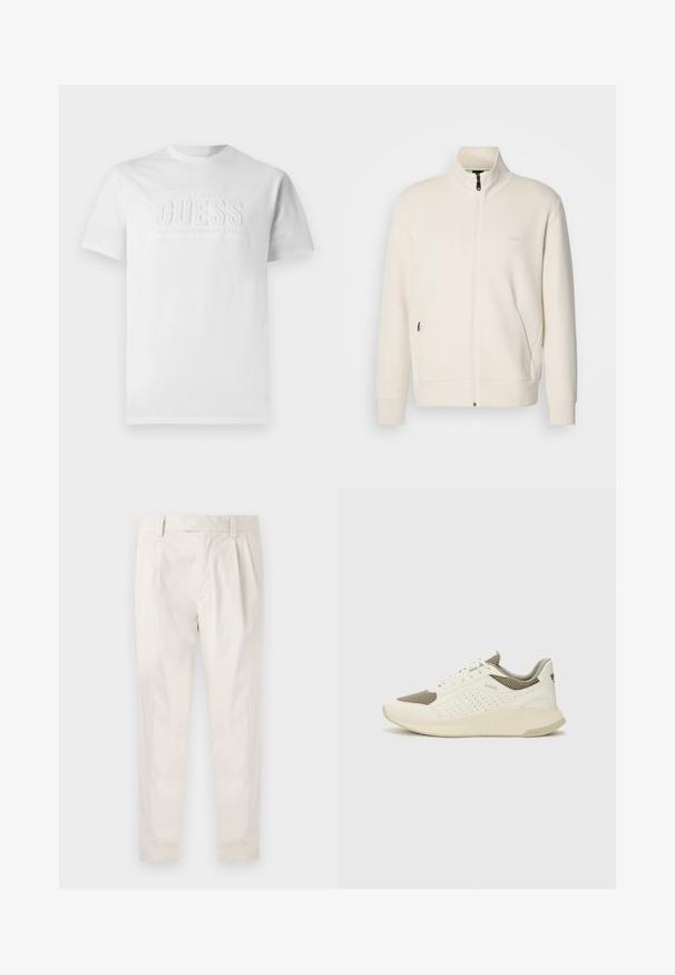 Off-white zip-up jack met staande kraag, lange mouwen, zijzakken en een subtiele "BOSS" logo op de linkerborst.; Witte katoenen t-shirt met ronde hals, met in het midden een getextureerd logo dat leest "GUESS EST. 1981 CLASSIC AMERICAN STYLE."; Witte, geplooide broeken met een getailleerde pasvorm, met een gladde textuur, riemlussen en taps toelopende benen. Geen zichtbare zakken of patronen.; Witte en lichtbeige sport sneaker, met een bovenwerk van mesh, geperforeerde details en een gestructureerde tussenzool met branding op de hiel.