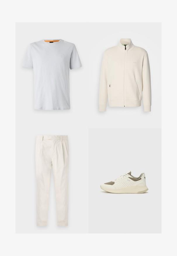 Jachetă crem cu fermoar, cu guler înalt, mâneci lungi, buzunare laterale și logo-ul subtil "BOSS" pe pieptul stâng.; Tricou scurt, de culoare gri deschis, din bumbac, cu un mic logo pe piept și un accent portocaliu contrastant la guler.; Pantaloni albi plisati, cu o croială ajustată, având o textură netedă, bucle pentru curea și picioare conice. Fără buzunare vizibile sau modele.; Tenis sportivi alb și bej deschis, cu un înveliș din plasă, detalii perforate și o talpă intermediară texturată, având marcaj pe călcâi.