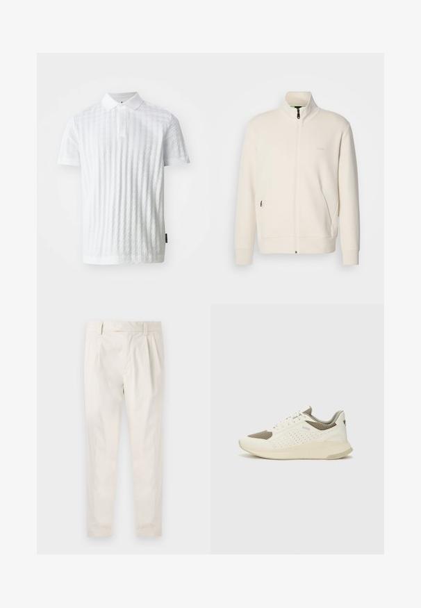 Hosszú ujjú, álló galléros, krémfehér cipzáras dzseki, oldalsó zsebekkel és diszkrét "BOSS" logóval a bal mellrészen.; Fehér póló ing texturált gyémántmintával, rövid ujjakkal és klasszikus gallérral. Három gombos patenttal rendelkezik.; Fehér, pliszírozott nadrág, testre szabott szabással, sima felülettel, övhurkokkal és karcsú lábszárral. Nincs látható zseb vagy minta.; Fehér és világos bézs sportcipő, légies hálós felsőrésszel, perforált részletekkel és texturált középtalppal, amelyen a saroknál a márka logója található.