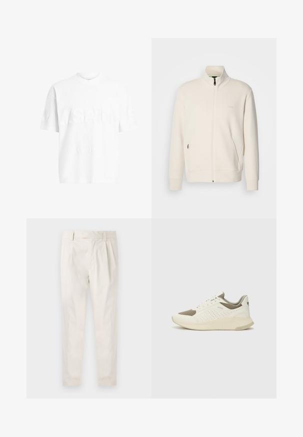 Off-white zip-up jakke med stående krage, lange ermer, sidelommer og diskré "BOSS" logo på venstre bryst.; Hvit bomull t-skjorte med korte ermer og rund hals. Har teksturert merkevare "A.SAINTS" og "LONDON" på fronten i en subtil hevet stil.; Hvite, pregede bukser med skreddersydd passform, som har en jevn tekstur, beltehemper og avsmalnende ben. Ingen synlige lommer eller mønstre.; Hvit og lysebeige treningssko, med en mesh-overdel, perforerte detaljer og en teksturert mellomsåle med merkevare på hælen.