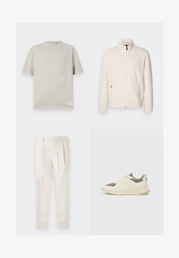 Off-white zip-up jacket with stand collar, long sleeves, side pockets, and subtle "BOSS" logo on the left chest.; Light beige short-sleeve t-shirt made from soft fabric, featuring a round neckline and a small label at the bottom left.; White, pleated trousers with a tailored fit, featuring a smooth texture, belt loops, and tapered legs. No visible pockets or patterns.; White and light beige athletic sneaker, featuring a mesh upper, perforated detailing, and a textured midsole with branding on the heel.