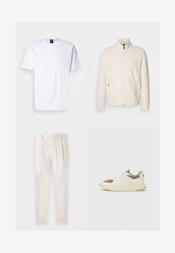 Off-white zip-up jakke med stående krage, lange ermer, sidelommer og diskré "BOSS" logo på venstre bryst.; Hvit bomull T-skjorte med rund hals og korte ermer. Har en subtil logo trykt på forsiden i lys farge. Klassisk passform.; Hvite, pregede bukser med skreddersydd passform, som har en jevn tekstur, beltehemper og avsmalnende ben. Ingen synlige lommer eller mønstre.; Hvit og lysebeige treningssko, med en mesh-overdel, perforerte detaljer og en teksturert mellomsåle med merkevare på hælen.
