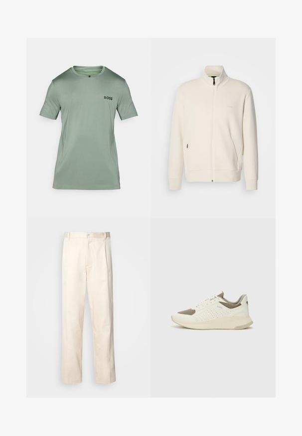 Kreemi värvi lukuga jakk kõrge kraega, pikkade varrukatega, küljetaskutega ja diskreetse "BOSS" logo ka vasakul rinnal.; Hele roheline lühikeste varrukatega t-särk, mis on valmistatud siledast kangast. Funktsioonina on sellel ümmargune kaelus ja kontrastne must "BOSS" logo rinnal.; Beesidised puuvillased püksid sirge jala lõikega, mis on varustatud nööpkinnituse ja ees olevate voltidega, et lisada detaili.; Valge ja heledat beeži värvi spordijalats, millel on õhuke võrkmaterjal, perforatsioonidega detailid ning tekstuuriga vahetald, millel on brändi logo kannaosas.
