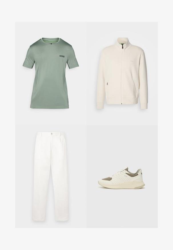 Off-white zip-up jakke med stående krage, lange ermer, sidelommer og diskré "BOSS" logo på venstre bryst.; Lys grønn t-skjorte med korte ermer i et glatt stoff. Har rund hals og en kontrasterende svart "BOSS"-logo på brystet.; Hvite bukser laget av glatt stoff, med rett ben-design, frontfolder og en enkelt knappelukking i livet.; Hvit og lysebeige treningssko, med en mesh-overdel, perforerte detaljer og en teksturert mellomsåle med merkevare på hælen.