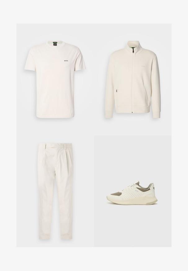 Lysbeige zip-up jakke med ståkrave, lange ærmer, sidelommer og diskret "BOSS" logo på venstre bryst.; Cotton t-shirt i off-white med rund halsudskæring. Har et lille sort "BOSS" logo på brystet. Normal pasform og korte ærmer.; Hvide, plisserede bukser med en skræddersyet pasform, der har en glat overflade, bæltestropper og smalnede ben. Ingen synlige lommer eller mønstre.; Hvide og lyse beige sportssko med en mesh-overdel, perforerede detaljer og en tekstureret mellemsål med branding på hælen.