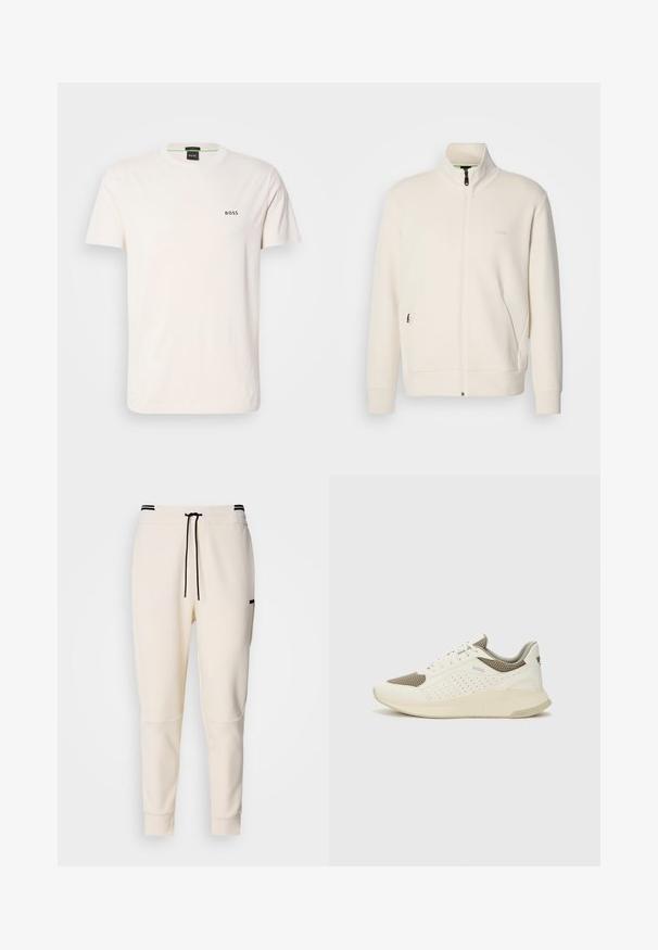 Krémová zipová bunda s vysokým límcem, dlouhými rukávy, bočními kapsami a jemným logem "BOSS" na levé části hrudi.; Bavlněné tričko v barvě off-white s kulatým výstřihem. Na hrudi obsahuje malé černé logo "BOSS". Normální střih a krátké rukávy.; Krémové joggingové kalhoty s elastickým pasem na šňůrku, černými akcenty, zúženými nohavicemi a bočními kapsami.; Bílé a světle béžové atletické tenisky, které mají síťovaný svršek, perforované detaily a texturovanou mezipodešev s logem na patě.