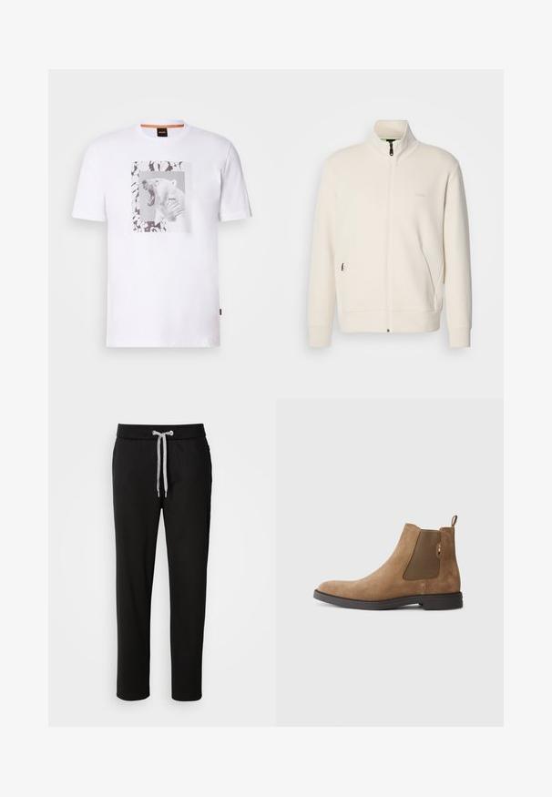 Kreemi värvi lukuga jakk kõrge kraega, pikkade varrukatega, küljetaskutega ja diskreetse "BOSS" logo ka vasakul rinnal.; Valge puuvillane T-särk, millel on graafika karjuvast polaarkarust ristküliku kujulises raamistikus, mille kohandavad abstraktsed mustad ja hallid mustrid.; Mustad mustad, pehmest kangast, millel on elastne vöökoht ja sellele paigutatud nöör ning küljetaskud. Igapäevane disain sirge lõikega.; Pruunist nubukist Chelsea saabas, millel on elastsed küljepaneelid ja tõmblõng. Omab ümarat varbaosa ja tasast kummist tallat, et tagada stabiilsus.