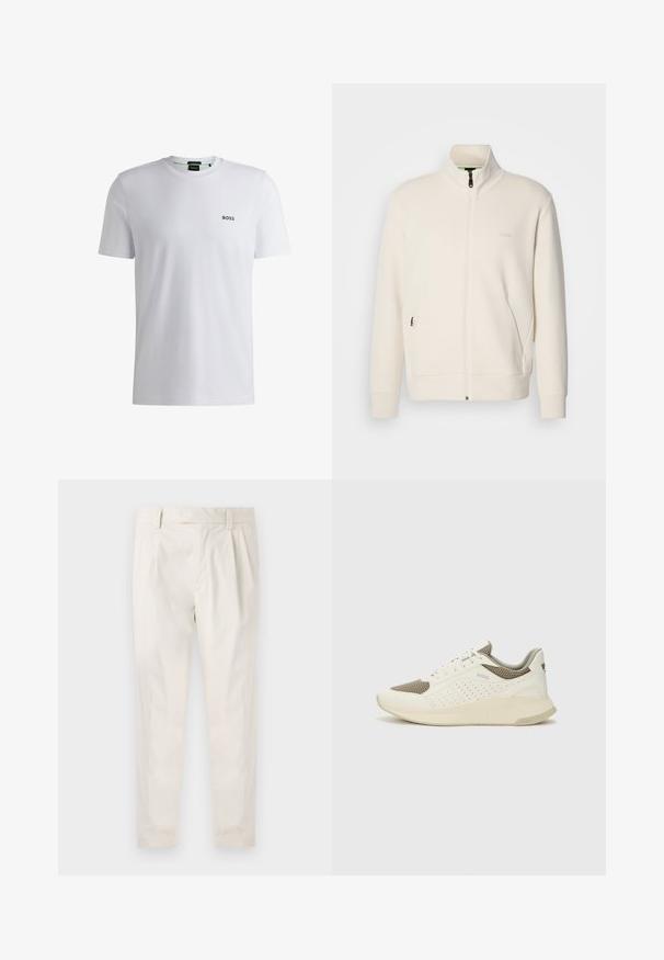 Off-white krūškurvja jaka ar uzacīšu apkakli, garām piedurknēm, sānu kabatām un diskrētu "BOSS" logo uz kreisā krūškurvja.; Baltas īsās piedurknes T-krekls no kokvilnas ar apaļu kakla izgriezumu. Uz krūtīm ir mazs melns "BOSS" logo. Gluda tekstūra.; Baltas, pleitēts bikses ar piegriezumu, kas pielāgots figūrai, ar gludu tekstūru, jostas cilpām un sašaurinātiem galiem. Nav redzamu kabatu vai rakstu.; Baltas un gaiši bež sporta apavi, ar sieta augšdaļu, perforētiem detaļām un teksturētu vidusdaļu ar zīmolu uz papēža.