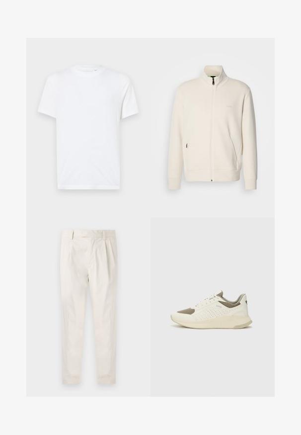 Kreemi värvi lukuga jakk kõrge kraega, pikkade varrukatega, küljetaskutega ja diskreetse "BOSS" logo ka vasakul rinnal.; Valge puuvillane T-särk ümarate kaelustega ja lühikeste varrukatega. Vasakul rinnal on väike reljeefne logo. Sile tekstuur.; Valged volditud püksid, mis on kohandatud sobivusega, sujuva tekstuuriga, vööloopidega ja kitsenevate jalgadega. Pole nähtavaid taskuid ega mustreid.; Valge ja heledat beeži värvi spordijalats, millel on õhuke võrkmaterjal, perforatsioonidega detailid ning tekstuuriga vahetald, millel on brändi logo kannaosas.