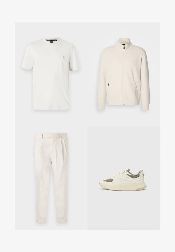 Hosszú ujjú, álló galléros, krémfehér cipzáras dzseki, oldalsó zsebekkel és diszkrét "BOSS" logóval a bal mellrészen.; Fehér pamut póló kerek nyakkal, rövid ujjakkal, és egy kis logóval a bal mellrészen. Simaság jellemzi, szabványos szabású.; Fehér, pliszírozott nadrág, testre szabott szabással, sima felülettel, övhurkokkal és karcsú lábszárral. Nincs látható zseb vagy minta.; Fehér és világos bézs sportcipő, légies hálós felsőrésszel, perforált részletekkel és texturált középtalppal, amelyen a saroknál a márka logója található.