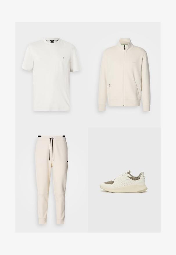 Oficialiai balta zip-up striukė su stovinčia apykakle, ilgomis rankovėmis, šoninėmis kišenėmis ir subtiliu "BOSS" logotipu kairėje krūtinės pusėje.; Balta medvilnė marškiniai su apvalia kaklo iškirpte, trumpomis rankovėmis ir maža logotipo emblema kairėje krūtinės pusėje. Lygi tekstūra, standartinė apimtis.; Sviestinės spalvos džinsai su elastine juostele ir raišteliu, juodais akcentais, siaurėjančiomis kojomis ir šoninėmis kišenėmis.; Baltas ir šviesiai bežinis sportinis kedas, su tinklo viršumi, perforuotais detalėmis ir tekstūruotu tarpine su logotipu ant kulno.