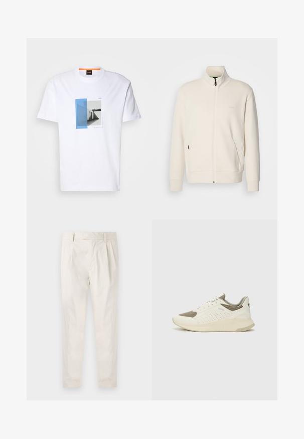 Off-white krūškurvja jaka ar uzacīšu apkakli, garām piedurknēm, sānu kabatām un diskrētu "BOSS" logo uz kreisā krūškurvja.; Baltas kokvilnas T-krekls ar grafisko dizainu, kurā redzami zili un pelēki taisnstūri, kā arī monohroms arhitektūras attēls. Atslēgvārdi: BOSS.; Baltas, pleitēts bikses ar piegriezumu, kas pielāgots figūrai, ar gludu tekstūru, jostas cilpām un sašaurinātiem galiem. Nav redzamu kabatu vai rakstu.; Baltas un gaiši bež sporta apavi, ar sieta augšdaļu, perforētiem detaļām un teksturētu vidusdaļu ar zīmolu uz papēža.
