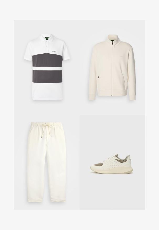 Kurtka zapinana na zamek w kolorze off-white z stójką, długimi rękawami, bocznymi kieszeniami oraz subtelnym logo "BOSS" na lewej piersi.; Koszulka polo w białym i ciemnoszarym kolorze z trzema poziomymi paskami. Posiada klasyczny kołnierz, krótkie rękawy oraz małe logo na piersi.; Jasna kremowa, casualowa para spodni wykonanych z miękkiego materiału. Posiada elastyczny pas ze sznurkiem i zwężający się krój nogawek.; Białe i jasnobeżowe sneakersy sportowe, z siateczkową cholewką, perforowanymi detalami oraz teksturowaną podeszwą śródstopia z brandingiem na pięcie.