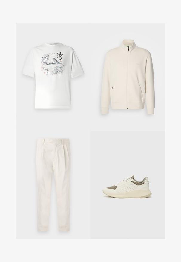 Kreemi värvi lukuga jakk kõrge kraega, pikkade varrukatega, küljetaskutega ja diskreetse "BOSS" logo ka vasakul rinnal.; Valge puuvillane T-särk lühikeste varrukatega, millel on graafika Fuji mäest, ümbritsetud lillede ja jaapani keeles tekstiga mitmevärvilises disainis.; Valged volditud püksid, mis on kohandatud sobivusega, sujuva tekstuuriga, vööloopidega ja kitsenevate jalgadega. Pole nähtavaid taskuid ega mustreid.; Valge ja heledat beeži värvi spordijalats, millel on õhuke võrkmaterjal, perforatsioonidega detailid ning tekstuuriga vahetald, millel on brändi logo kannaosas.