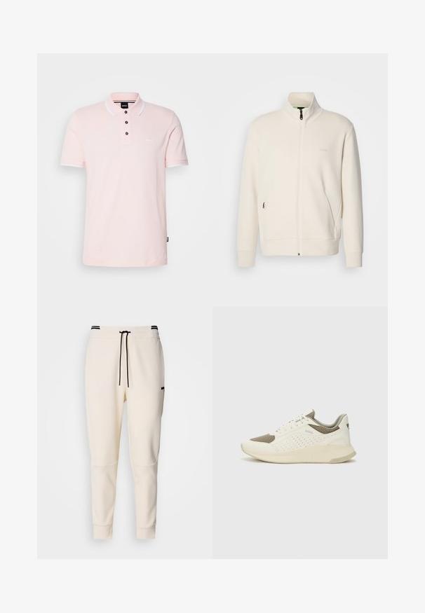 Krémová zipová bunda s vysokým límcem, dlouhými rukávy, bočními kapsami a jemným logem "BOSS" na levé části hrudi.; Světle růžové polo tričko vyrobené z bavlny, s límečkem s kontrastním bílým lemem, třemi knoflíky a malým logem na prsou.; Krémové joggingové kalhoty s elastickým pasem na šňůrku, černými akcenty, zúženými nohavicemi a bočními kapsami.; Bílé a světle béžové atletické tenisky, které mají síťovaný svršek, perforované detaily a texturovanou mezipodešev s logem na patě.