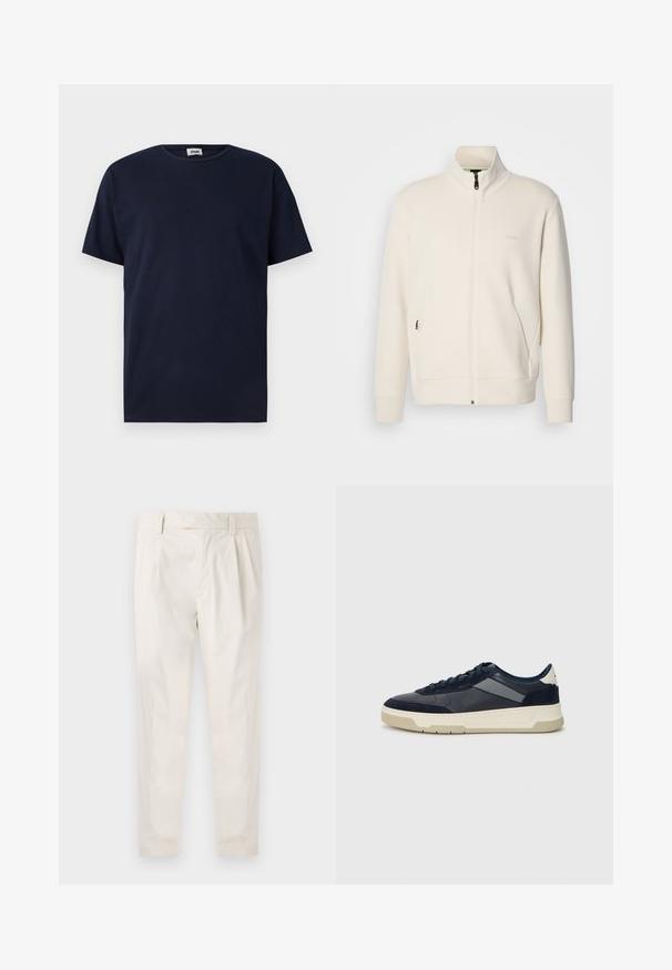 Off-white zip-up jakke med stående krage, lange ermer, sidelommer og diskré "BOSS" logo på venstre bryst.; Marineblå t-skjorte med korte ermer laget av bomull, med rund hals og en avslappet passform uten synlige mønstre eller detaljer.; Hvite, pregede bukser med skreddersydd passform, som har en jevn tekstur, beltehemper og avsmalnende ben. Ingen synlige lommer eller mønstre.; BOSS BALTIMORE - Joggesko - open blue