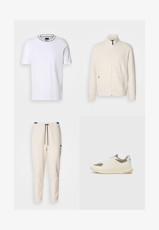 Off-white zip-up jakke med stående krage, lange ermer, sidelommer og diskré "BOSS" logo på venstre bryst.; Hvit kortermet t-skjorte med svart og grønn ribbet rund hals. Har subtil tekstur, ingen mønstre, og en slim fit design.; Kremfargede joggebukser med elastisk liv med snøring, svarte detaljer, innsnevrede ben og sidelommer.; Hvit og lysebeige treningssko, med en mesh-overdel, perforerte detaljer og en teksturert mellomsåle med merkevare på hælen.