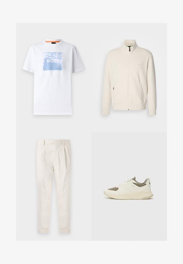 Krémová zipová bunda s vysokým límcem, dlouhými rukávy, bočními kapsami a jemným logem "BOSS" na levé části hrudi.; Bílý bavlněný tričko s modrým čtvercovým grafickým potiskem a slovem "BOSS" v tučných bílých písmenech, krátké rukávy a design s kulatým výstřihem.; Bílé, plisované kalhoty s upraveným střihem, které mají hladkou texturu, poutka na opasek a zúžené nohavice. Bez viditelných kapes nebo vzorů.; Bílé a světle béžové atletické tenisky, které mají síťovaný svršek, perforované detaily a texturovanou mezipodešev s logem na patě.
