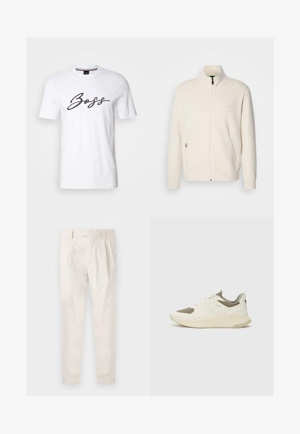 Off-white krūškurvja jaka ar uzacīšu apkakli, garām piedurknēm, sānu kabatām un diskrētu "BOSS" logo uz kreisā krūškurvja.; Balta kokvilnas T-kreklā ar īsām piedurknēm, uz kuras krūšu daļas ir melna kursīva teksta vārds "Boss". Apaļš kakla izgriezums, gluda tekstūra.; Baltas, pleitēts bikses ar piegriezumu, kas pielāgots figūrai, ar gludu tekstūru, jostas cilpām un sašaurinātiem galiem. Nav redzamu kabatu vai rakstu.; Baltas un gaiši bež sporta apavi, ar sieta augšdaļu, perforētiem detaļām un teksturētu vidusdaļu ar zīmolu uz papēža.