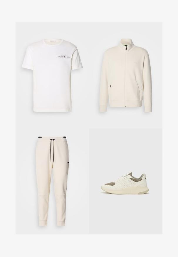 Veste zippée beige clair avec col montant, manches longues, poches latérales et logo "BOSS" discret sur la poitrine gauche.; T-shirt en coton blanc avec un col rond, des manches courtes et un logo imprimé. Présente un design minimaliste et une coupe décontractée.; Pantalons de jogging couleur crème avec une taille élastique dotée d'un cordon de serrage, accents noirs, jambes fuselées et poches latérales.; Basket de sport blanche et beige clair, avec une tige en maille, des détails perforés et une semelle intermédiaire texturée avec un logo sur le talon.