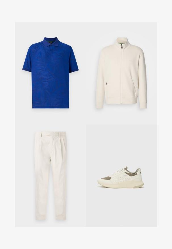 Krémová zipová bunda s vysokým límcem, dlouhými rukávy, bočními kapsami a jemným logem "BOSS" na levé části hrudi.; Poloko s krátkým rukávem v živé modré barvě s texturovaným vzorem palmového listu, s límečkem a zapínáním na tři knoflíky. Hladká tkanina.; Bílé, plisované kalhoty s upraveným střihem, které mají hladkou texturu, poutka na opasek a zúžené nohavice. Bez viditelných kapes nebo vzorů.; Bílé a světle béžové atletické tenisky, které mají síťovaný svršek, perforované detaily a texturovanou mezipodešev s logem na patě.