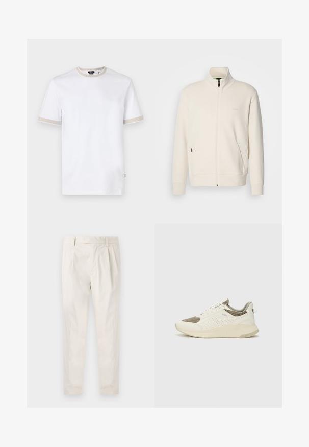 Hosszú ujjú, álló galléros, krémfehér cipzáras dzseki, oldalsó zsebekkel és diszkrét "BOSS" logóval a bal mellrészen.; Fehér pamut póló rövidujjakkal, bézs árnyalatú csíkkal a galléron és az ujjak szegélyén, valamint egy kis márkaleháttal a mellrészen.; Fehér, pliszírozott nadrág, testre szabott szabással, sima felülettel, övhurkokkal és karcsú lábszárral. Nincs látható zseb vagy minta.; Fehér és világos bézs sportcipő, légies hálós felsőrésszel, perforált részletekkel és texturált középtalppal, amelyen a saroknál a márka logója található.