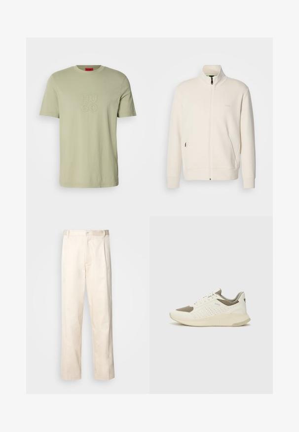 Off-white zip-up jacket with stand collar, long sleeves, side pockets, and subtle "BOSS" logo on the left chest.; Light green cotton t-shirt with a round neckline. Features embroidered "HU GO" logo in matching color on the front. Short sleeves.; Beige cotton trousers with a straight-leg cut, featuring a button closure and pleats at the front for added detail.; White and light beige athletic sneaker, featuring a mesh upper, perforated detailing, and a textured midsole with branding on the heel.