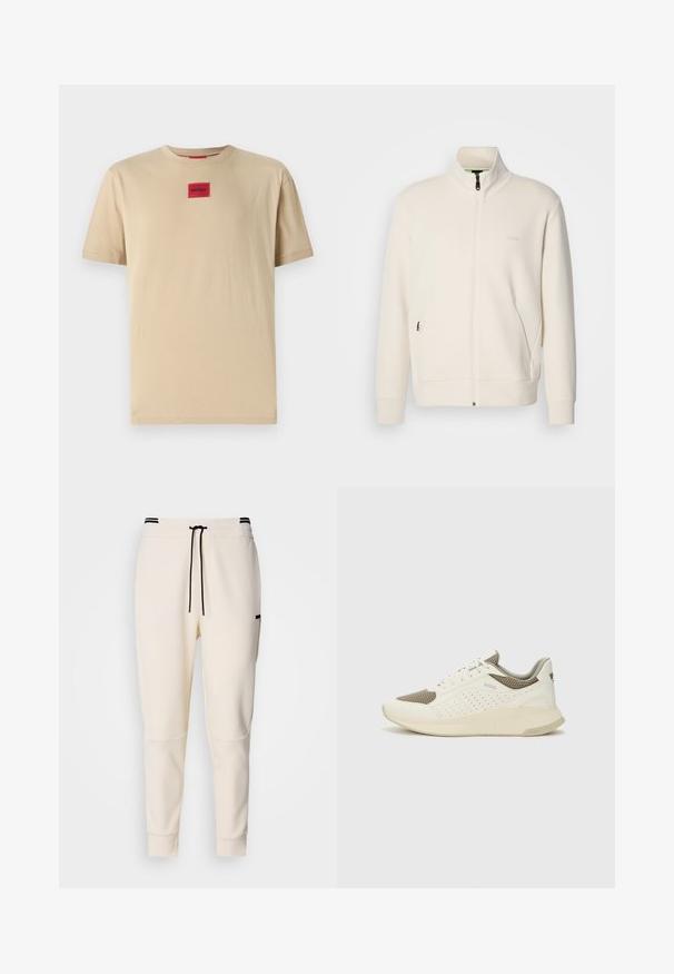 Off-white zip-up jacka med ståkrage, långa ärmar, sidofickor och subtil "BOSS"-logotyp på vänster bröst.; Beige bomullströja med avslappnad passform, med en liten röd "HUGO" logotyp på mitten och en klassisk rundad halsringning.; Krämfärgade joggbukser med elastiskt midjeband och snörning, svarta detaljer, avsmalnande ben och sidofickor.; Vit och ljusbeige atletisk sneaker med ett meshöverdrag, perforerade detaljer och en texturerad mellansula med varumärke på hälen.
