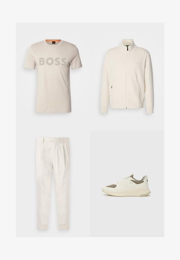 Kreemi värvi lukuga jakk kõrge kraega, pikkade varrukatega, küljetaskutega ja diskreetse "BOSS" logo ka vasakul rinnal.; Kreemivärvi puuvillane T-särk lühikeste varrukatega, millel on rindkere peal suur hall "BOSS" logo ja oranž aktsent kaelal.; Valged volditud püksid, mis on kohandatud sobivusega, sujuva tekstuuriga, vööloopidega ja kitsenevate jalgadega. Pole nähtavaid taskuid ega mustreid.; Valge ja heledat beeži värvi spordijalats, millel on õhuke võrkmaterjal, perforatsioonidega detailid ning tekstuuriga vahetald, millel on brändi logo kannaosas.