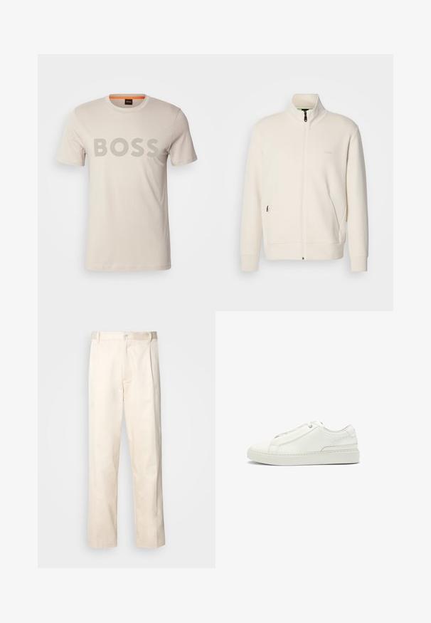 Valkoinen vetoketjullinen takki, jossa on pystykaulus, pitkät hihat, sivutaskut ja huomaamaton "BOSS"-logo vasemmassa rinnassa.; Kermanvärinen puuvillapaita lyhyillä hihoilla, jossa on suuri harmaa "BOSS"-logo rinnassa ja oranssi yksityiskohta kauluksessa.; Vaaleanbeige puuvillahousut, joissa on suora lahje, varustettu nappisulkeisella ja etupuolella olevilla laskoksilla lisäyksinä.; Valkoinen nahkakenkä, jossa on teksturoitu yläosa, pyöreä kärki, minimalistinen muotoilu ja kumipohja, jossa on ommeltu yksityiskohta.