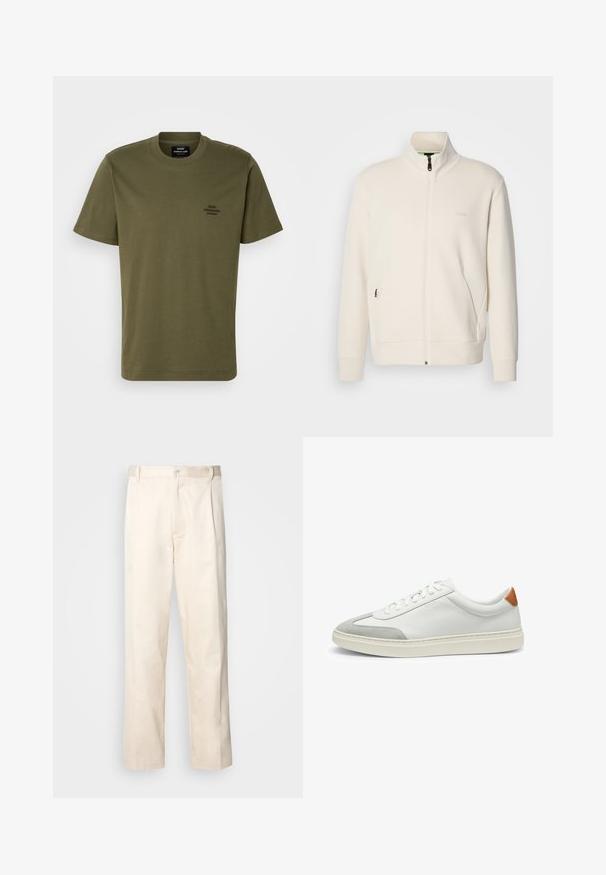 Off-white zip-up jacket with stand collar, long sleeves, side pockets, and subtle "BOSS" logo on the left chest.; Olive green short-sleeve T-shirt made of cotton, featuring a round neckline and a small embroidered logo on the left chest. Smooth texture.; Beige cotton trousers with a straight-leg cut, featuring a button closure and pleats at the front for added detail.; White leather sneakers with gray suede accents and a tan leather heel tab. Features a textured surface and lightweight sole.