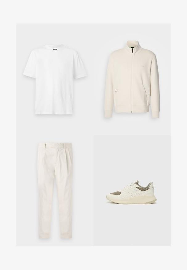 Hosszú ujjú, álló galléros, krémfehér cipzáras dzseki, oldalsó zsebekkel és diszkrét "BOSS" logóval a bal mellrészen.; Fehér, rövid ujjú pamut póló. Kerek nyakkivágással és fekete nyomott logóval a galléron. Simaság jellemzi, egyszerű dizájn.; Fehér, pliszírozott nadrág, testre szabott szabással, sima felülettel, övhurkokkal és karcsú lábszárral. Nincs látható zseb vagy minta.; Fehér és világos bézs sportcipő, légies hálós felsőrésszel, perforált részletekkel és texturált középtalppal, amelyen a saroknál a márka logója található.
