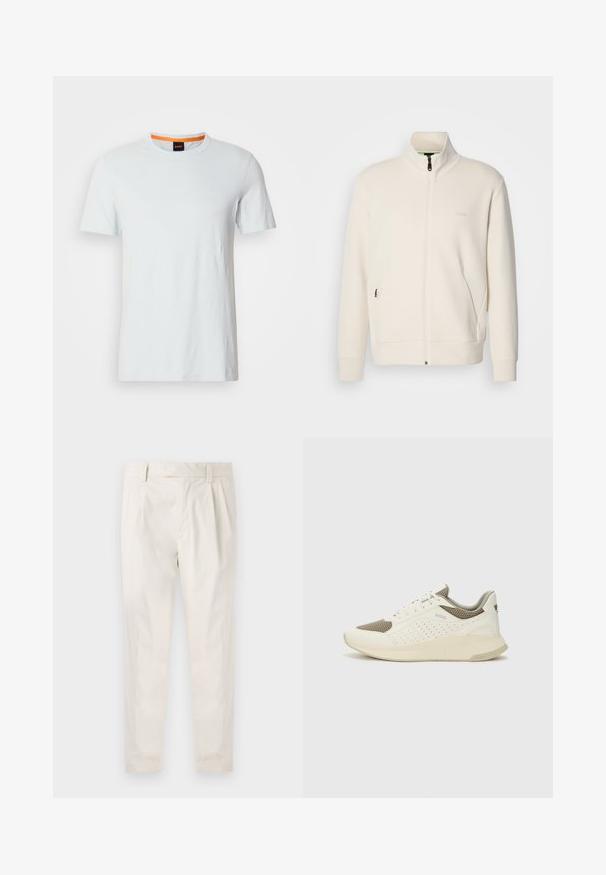 Jachetă crem cu fermoar, cu guler înalt, mâneci lungi, buzunare laterale și logo-ul subtil "BOSS" pe pieptul stâng.; Tricou scurt din material moale, bleu deschis, cu mâneci scurte, având un guler rotund cu o bordură interioară portocalie și un logo subtil pe față.; Pantaloni albi plisati, cu o croială ajustată, având o textură netedă, bucle pentru curea și picioare conice. Fără buzunare vizibile sau modele.; Tenis sportivi alb și bej deschis, cu un înveliș din plasă, detalii perforate și o talpă intermediară texturată, având marcaj pe călcâi.