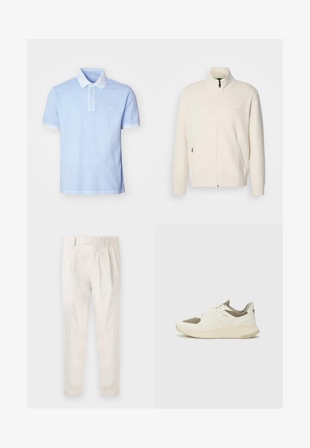 Krémová zipová bunda s vysokým límcem, dlouhými rukávy, bočními kapsami a jemným logem "BOSS" na levé části hrudi.; Světle modré polo tričko vyrobené z měkké bavlny. Má knoflíkovou légou se třemi knoflíky, límeček a kontrastní manžety. Diskrétní logo značky na hrudi.; Bílé, plisované kalhoty s upraveným střihem, které mají hladkou texturu, poutka na opasek a zúžené nohavice. Bez viditelných kapes nebo vzorů.; Bílé a světle béžové atletické tenisky, které mají síťovaný svršek, perforované detaily a texturovanou mezipodešev s logem na patě.