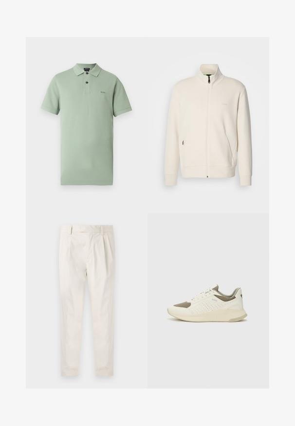 Lysbeige zip-up jakke med ståkrave, lange ærmer, sidelommer og diskret "BOSS" logo på venstre bryst.; Lysegrøn bomuldspolo med krave, korte ærmer og en pløk med tre knapper. BOSS-logo broderet på brystet.; Hvide, plisserede bukser med en skræddersyet pasform, der har en glat overflade, bæltestropper og smalnede ben. Ingen synlige lommer eller mønstre.; Hvide og lyse beige sportssko med en mesh-overdel, perforerede detaljer og en tekstureret mellemsål med branding på hælen.