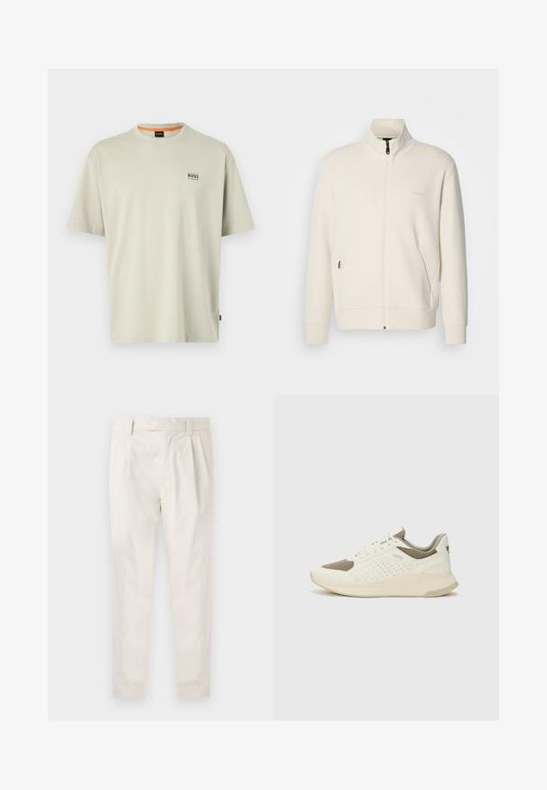 Kreemi värvi lukuga jakk kõrge kraega, pikkade varrukatega, küljetaskutega ja diskreetse "BOSS" logo ka vasakul rinnal.; Helehallist puuvillane T-särk, pehmea kaelusega, lühikeste varrukatega ja väikese sinise "BOSS" logoga vasakul rinnal. Sujuv tekstuur.; Valged volditud püksid, mis on kohandatud sobivusega, sujuva tekstuuriga, vööloopidega ja kitsenevate jalgadega. Pole nähtavaid taskuid ega mustreid.; Valge ja heledat beeži värvi spordijalats, millel on õhuke võrkmaterjal, perforatsioonidega detailid ning tekstuuriga vahetald, millel on brändi logo kannaosas.
