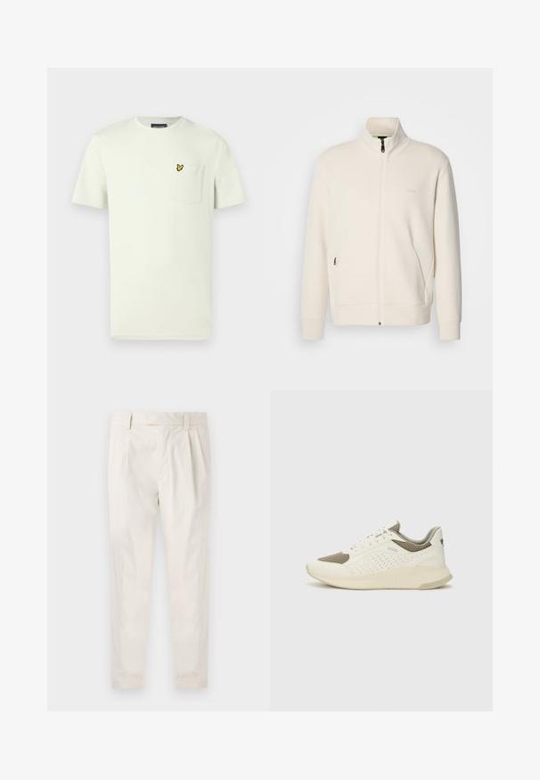 Off-white zip-up jacket with stand collar, long sleeves, side pockets, and subtle "BOSS" logo on the left chest.; Light green short-sleeve t-shirt made of cotton, featuring a chest pocket and a yellow butterfly logo embroidered on the pocket.; White, pleated trousers with a tailored fit, featuring a smooth texture, belt loops, and tapered legs. No visible pockets or patterns.; White and light beige athletic sneaker, featuring a mesh upper, perforated detailing, and a textured midsole with branding on the heel.
