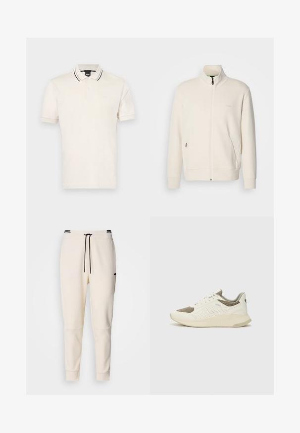 Jakna boje off-white s patentnim zatvaračem, stajaćim ovratnikom, dugim rukavima, bočnim džepovima i suptilnim logotipom "BOSS" na lijevoj strani prsnog koša.; Polo majica u svijetlo bež pamuku s dvostrukim gumbom, rebrastim ovratnikom s crno-bijelim prugama i suptilnim brandom na prsima.; Kreme joggerice s elastičnim pojasom i vezicom, crnim detaljima, sužavajućim nogavicama i bočnim džepovima.; Bijele i svijetlosmeđe sportske tenisice, sa mrežastim gornjim dijelom, perforiranim detaljima i teksturiranim međutrakom sa brendom na peti.