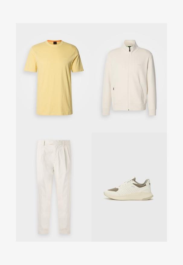 Oficialiai balta zip-up striukė su stovinčia apykakle, ilgomis rankovėmis, šoninėmis kišenėmis ir subtiliu "BOSS" logotipu kairėje krūtinės pusėje.; Geltona crew neck marškinėliai, pagaminti iš švelnios medžiagos, su trumpomis rankovėmis. Subtilus „BOSS“ logotipas siuvinėtas atitinkama spalva ant krūtinės.; Balti, susiūtos kelnes, turinčios pritaikytą siluetą, pasižyminčias lygia tekstūra, dirželio kilpomis ir siaurėjančiomis kojomis. Nėra matomų kišenių ar raštų.; Baltas ir šviesiai bežinis sportinis kedas, su tinklo viršumi, perforuotais detalėmis ir tekstūruotu tarpine su logotipu ant kulno.