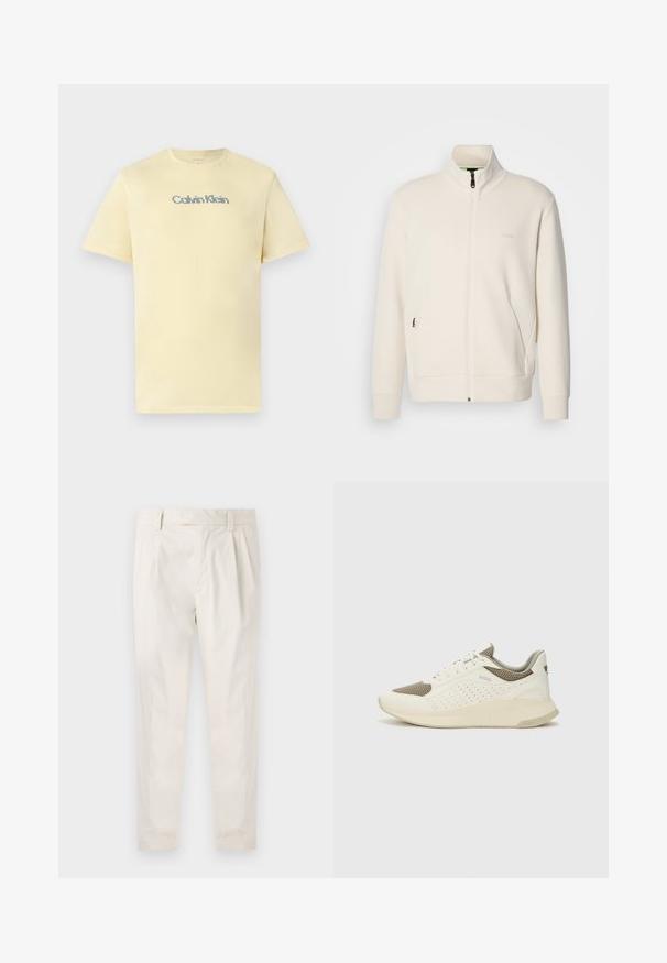 Off-white zip-up jakke med stående krage, lange ermer, sidelommer og diskré "BOSS" logo på venstre bryst.; Lysegul bomull t-skjorte med rund hals, korte ermer og en subtil, flerfarget "Calvin Klein" logo på brystet.; Hvite, pregede bukser med skreddersydd passform, som har en jevn tekstur, beltehemper og avsmalnende ben. Ingen synlige lommer eller mønstre.; Hvit og lysebeige treningssko, med en mesh-overdel, perforerte detaljer og en teksturert mellomsåle med merkevare på hælen.