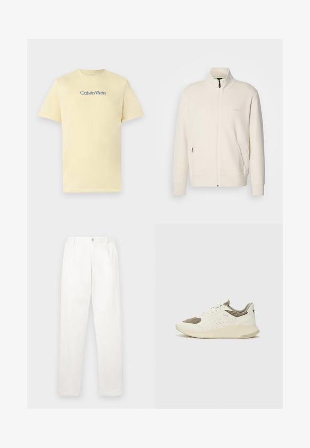 Off-white zip-up jakke med stående krage, lange ermer, sidelommer og diskré "BOSS" logo på venstre bryst.; Lysegul bomull t-skjorte med rund hals, korte ermer og en subtil, flerfarget "Calvin Klein" logo på brystet.; Hvite bukser laget av glatt stoff, med rett ben-design, frontfolder og en enkelt knappelukking i livet.; Hvit og lysebeige treningssko, med en mesh-overdel, perforerte detaljer og en teksturert mellomsåle med merkevare på hælen.