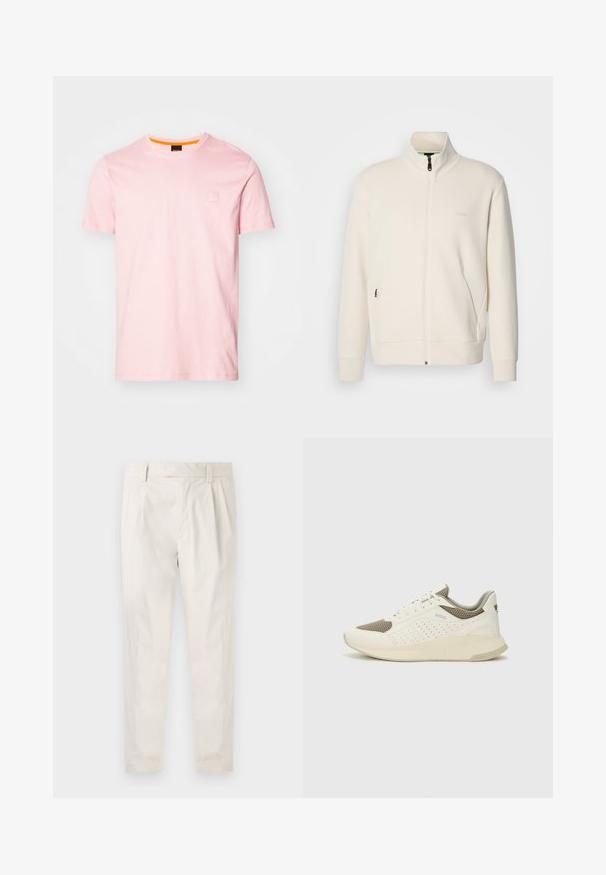 Off-white krūškurvja jaka ar uzacīšu apkakli, garām piedurknēm, sānu kabatām un diskrētu "BOSS" logo uz kreisā krūškurvja.; Gaiši rozā kokvilnas T-krekls ar apaļu kakla izgriezumu, īsām piedurknēm un nelielu kvadrātveida logo detaļu uz krūts. Iekšējā kakla daļā ir oranža akcenta krāsa.; Baltas, pleitēts bikses ar piegriezumu, kas pielāgots figūrai, ar gludu tekstūru, jostas cilpām un sašaurinātiem galiem. Nav redzamu kabatu vai rakstu.; Baltas un gaiši bež sporta apavi, ar sieta augšdaļu, perforētiem detaļām un teksturētu vidusdaļu ar zīmolu uz papēža.