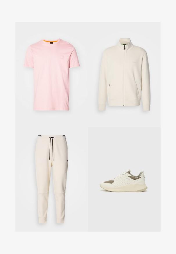 Casaco com fecho éclair em tom off-white, com colarinho elevado, mangas longas, bolsos laterais e um discreto logótipo "BOSS" no lado esquerdo do peito.; T-shirt de algodão rosa claro com decote redondo, mangas curtas e um pequeno detalhe em forma de quadrado com logo no peito. A parte interna do colarinho apresenta um realce laranja.; Calças jogger em tom creme com uma cintura elástica e cordão, detalhes em preto, pernas ajustadas e bolsos laterais.; Sapatilha atlética branca e bege claro, com parte superior em malha, detalhes perfurados e uma entressola texturizada com marcação no calcanhar.