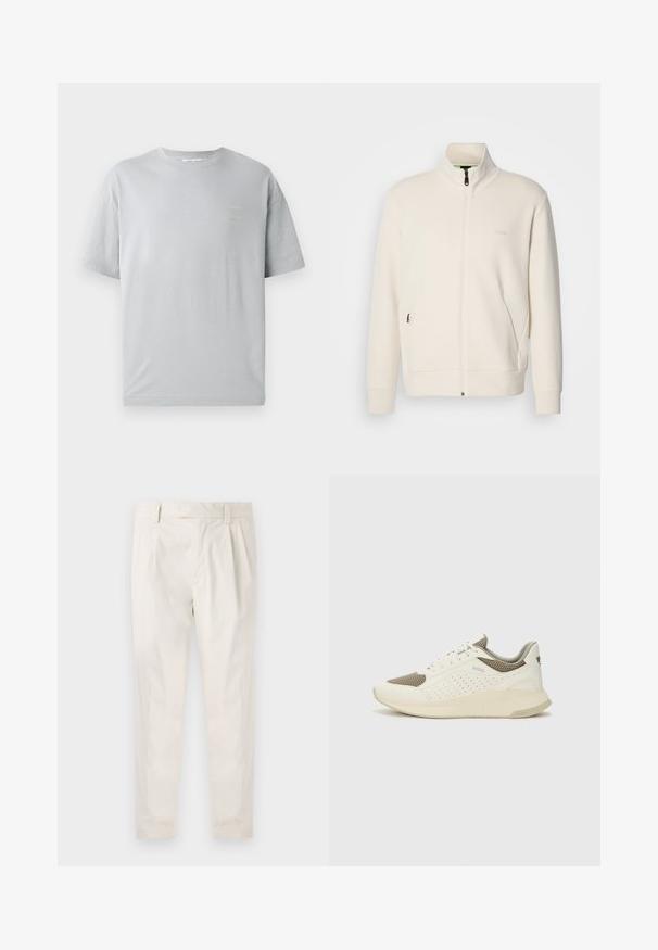 Off-white Zip-Jacke mit Stehkragen, langen Ärmeln, Seitentaschen und dezenter "BOSS"-Logo auf der linken Brust.; Graues Baumwoll-T-Shirt mit entspannter Passform, kurzen Ärmeln und einem kleinen gelben Textdetail auf der Vorderseite. Weiche Textur und klassischer Rundhalsausschnitt.; Weiße, plissierte Hose mit taillierten Schnitt, die eine glatte Textur, Gürtelschlaufen und schmal zulaufende Beine aufweist. Keine sichtbaren Taschen oder Muster.; Weiße und hellbeige Sport Sneakers, ausgestattet mit einem Obermaterial aus Netzgewebe, perforierten Details und einer strukturierten Zwischensohle mit Branding an der Ferse.
